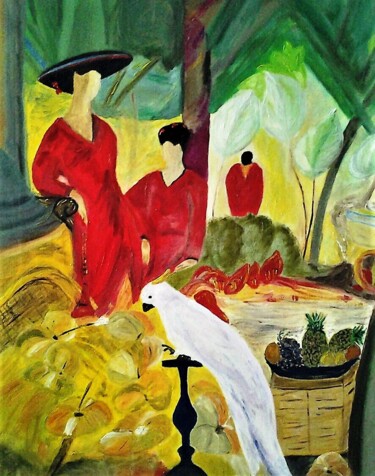 Malerei mit dem Titel "Femmes au perroquet" von Pascaline Marquet Bernard, Original-Kunstwerk, Öl