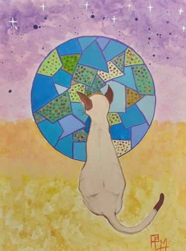 My cat hoping for a better planet. Painting titled "My cat hoping for a…" by Plm, Original Art, Acrylic