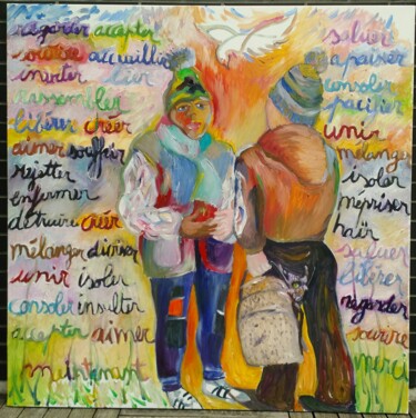 Schilderij getiteld "Le geste" door Pascale Perez, Origineel Kunstwerk, Olie Gemonteerd op Frame voor houten brancard