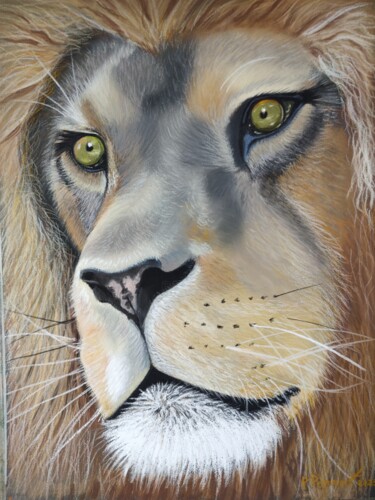 Painting titled "Regard de lion" by Pascale Perrot, Original Artwork, Pastel Mounted on Glass