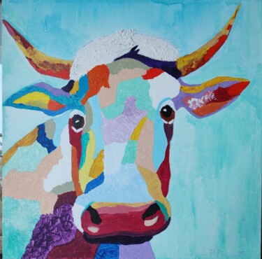 Schilderij getiteld "La vache multicolore" door Pascale Perrot, Origineel Kunstwerk, Acryl Gemonteerd op Frame voor houten b…