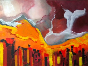 Painting titled "MONDE EN FEU" by Pascale Rey-Texier, Original Artwork, Acrylic Mounted on Wood Stretcher frame