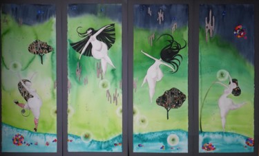 Malerei mit dem Titel "Les filles à la van…" von Pascale Rodriguez, Original-Kunstwerk, Aquarell