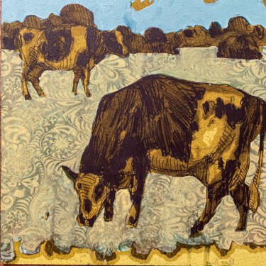Pittura intitolato ""Vaches de saison"…" da Pascale Simon, Opera d'arte originale, Matita Montato su Telaio per barella in l…