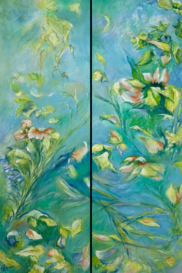 Painting titled "Duo floral" by Pascale Vallée, Original Artwork, Oil