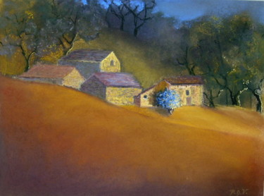 Pintura intitulada "Hameau en Ardèche." por Pascale Dormoy-Vignals, Obras de arte originais, Pastel