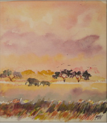 Peinture intitulée "Les éléphants passe…" par Pascale Dormoy-Vignals, Œuvre d'art originale, Aquarelle