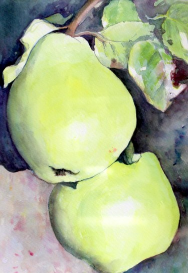 Painting titled "Les Coings" by Pascale White, Original Artwork, Watercolor
