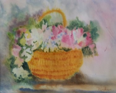Painting titled "Panier fleuri" by Pascale Coutoux, Original Artwork, Watercolor