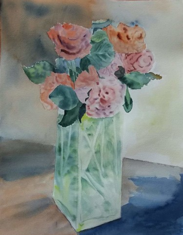 Painting titled "Bouquet de roses" by Pascale Coutoux, Original Artwork, Watercolor