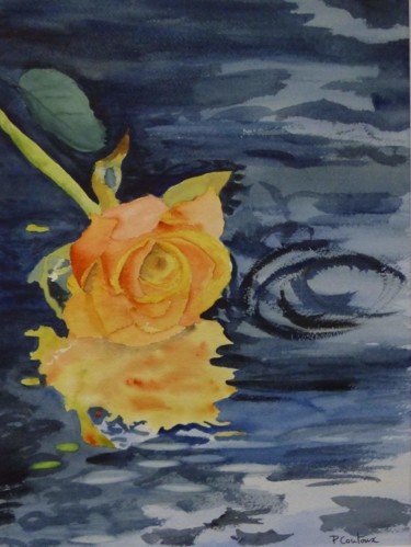 Painting titled "rose jaune" by Pascale Coutoux, Original Artwork, Watercolor