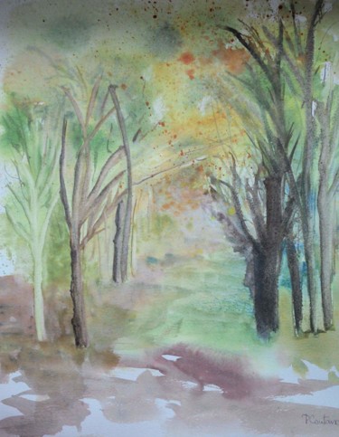 Painting titled "chemin automnal" by Pascale Coutoux, Original Artwork, Watercolor