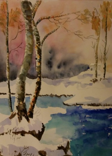 Painting titled "paysage hivernal" by Pascale Coutoux, Original Artwork, Watercolor