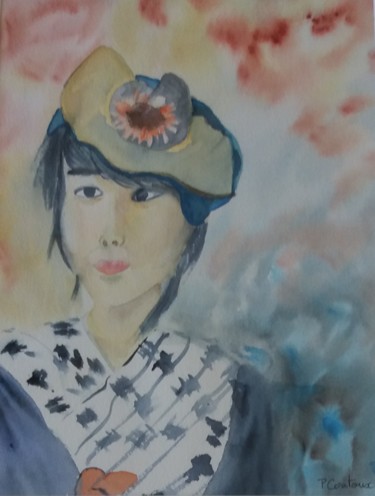Peinture intitulée "Japonaise au chapea…" par Pascale Coutoux, Œuvre d'art originale, Aquarelle