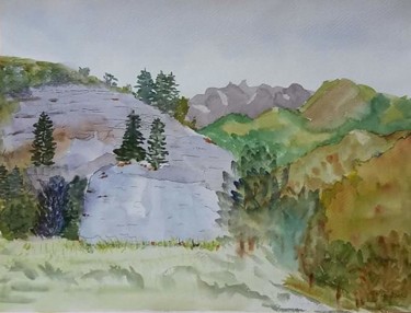Painting titled "Rocher blanc plaine…" by Pascale Coutoux, Original Artwork, Watercolor