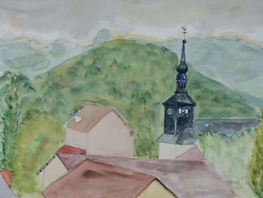 Painting titled "Village d'Onnion et…" by Pascale Coutoux, Original Artwork, Watercolor