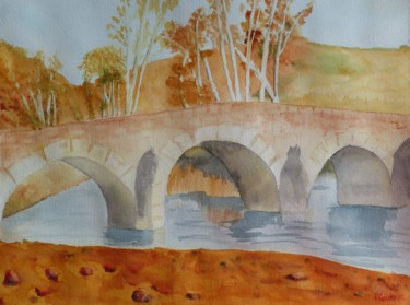 Painting titled "Vieux pont en morva…" by Pascale Coutoux, Original Artwork, Watercolor