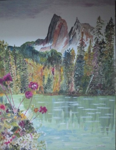 Картина под названием "lac et montagne au…" - Pascale Coutoux, Подлинное произведение искусства, Масло