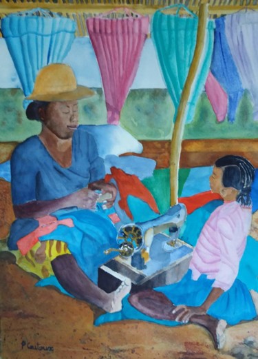 Painting titled "Le marché malgache…" by Pascale Coutoux, Original Artwork, Watercolor