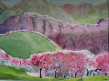 Pintura intitulada "cerisiers roses du…" por Pascale Coutoux, Obras de arte originais, Aquarela