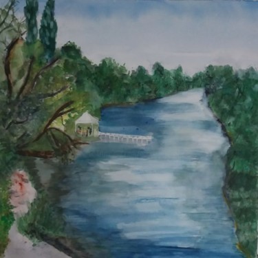 Painting titled "Au fil de l'oise" by Pascale Coutoux, Original Artwork, Watercolor Mounted on Wood Stretcher frame