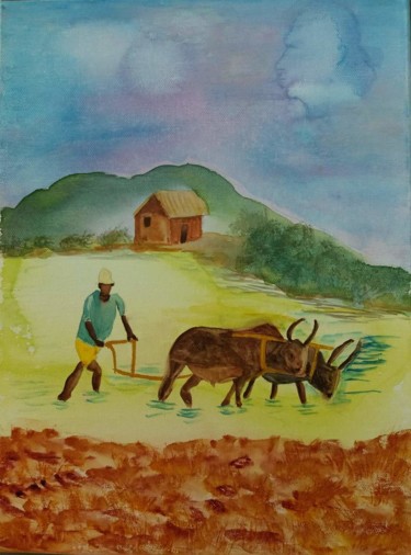 Painting titled "Madagascar les zébu…" by Pascale Coutoux, Original Artwork, Watercolor