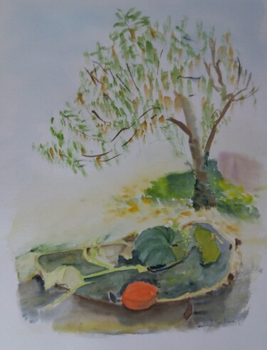 Painting titled "arbre et citrouille" by Pascale Coutoux, Original Artwork, Watercolor