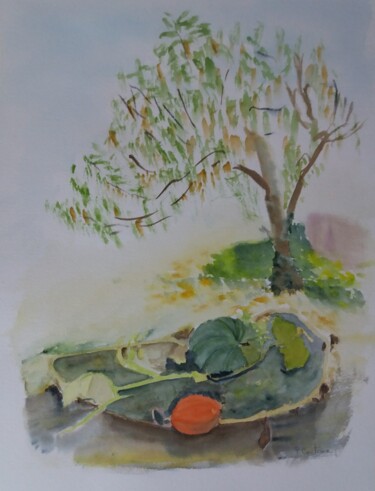 Malerei mit dem Titel "arbre et citrouille" von Pascale Coutoux, Original-Kunstwerk, Aquarell