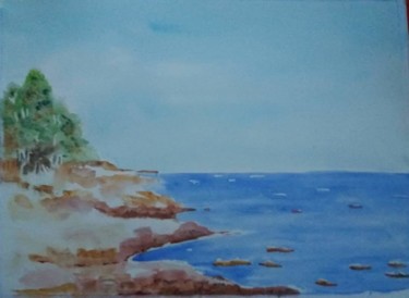 Painting titled "Mer et rochers" by Pascale Coutoux, Original Artwork, Watercolor