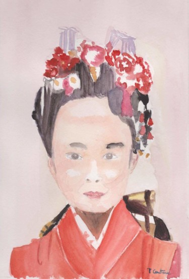 Schilderij getiteld "Japonaise et fleurs" door Pascale Coutoux, Origineel Kunstwerk, Aquarel