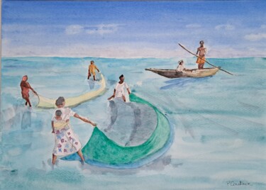 Painting titled "Les pêcheurs Vezo" by Pascale Coutoux, Original Artwork, Watercolor