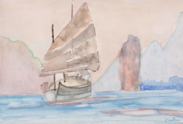 Pintura intitulada "Jonque en baie d'Al…" por Pascale Coutoux, Obras de arte originais, Aquarela