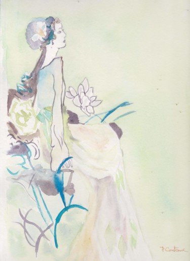 Картина под названием "Princesse en fauteu…" - Pascale Coutoux, Подлинное произведение искусства, Акварель