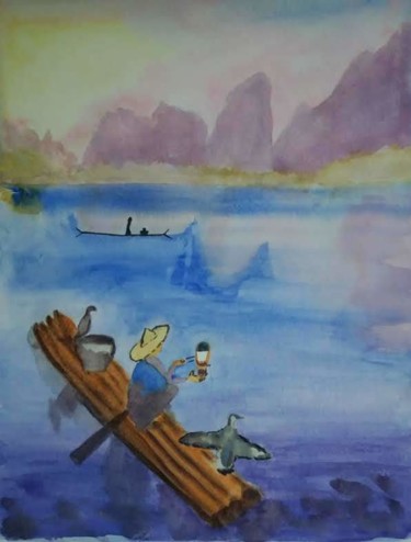 Pintura intitulada "Pêcheur vietnamien" por Pascale Coutoux, Obras de arte originais, Aquarela