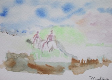Painting titled "cavaliers en camarg…" by Pascale Coutoux, Original Artwork, Watercolor