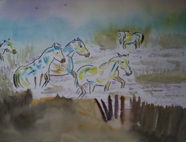 Painting titled "chevaux fous" by Pascale Coutoux, Original Artwork, Watercolor