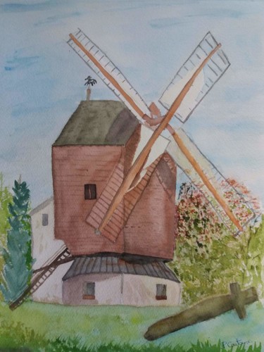 Malerei mit dem Titel "Moulin de Sannois" von Pascale Coutoux, Original-Kunstwerk, Aquarell
