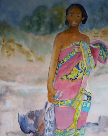 Malerei mit dem Titel "femme aux pintades" von Pascale Coutoux, Original-Kunstwerk, Aquarell