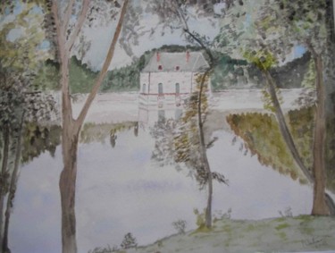 Schilderij getiteld "le barrage au lac d…" door Pascale Coutoux, Origineel Kunstwerk, Aquarel