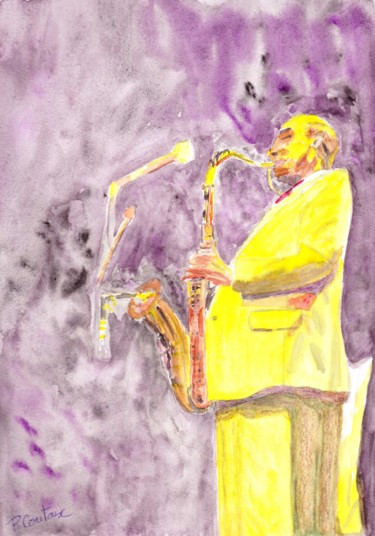 Malerei mit dem Titel "saxophoniste" von Pascale Coutoux, Original-Kunstwerk, Aquarell