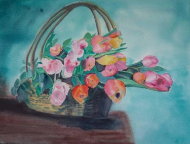 Pintura intitulada "bouquet de tulipes" por Pascale Coutoux, Obras de arte originais, Aquarela