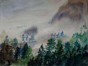 Painting titled "Brume sur les sapins" by Pascale Coutoux, Original Artwork, Watercolor