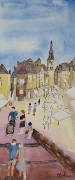 Painting titled "Sarlat place de l'h…" by Pascale Coutoux, Original Artwork, Watercolor