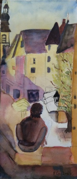 Painting titled "Sarlat, statue du B…" by Pascale Coutoux, Original Artwork, Watercolor