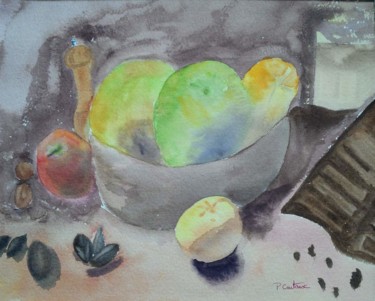 Painting titled "pommes et chocolat" by Pascale Coutoux, Original Artwork, Watercolor