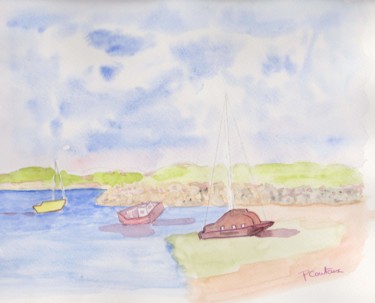 Painting titled "bateaux sur la mer" by Pascale Coutoux, Original Artwork, Watercolor