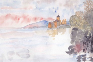 Pintura titulada "Château sur un lac" por Pascale Coutoux, Obra de arte original, Acuarela
