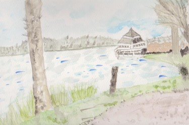 Painting titled "La pagode au lac de…" by Pascale Coutoux, Original Artwork, Watercolor