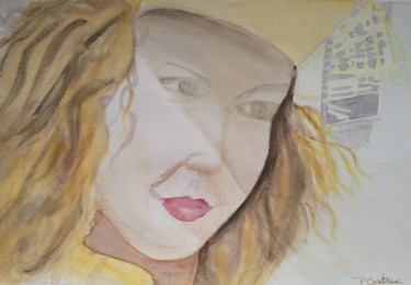 Painting titled "femme au chapeau ja…" by Pascale Coutoux, Original Artwork, Watercolor