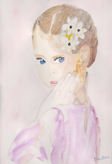 Painting titled "fillette au papillon" by Pascale Coutoux, Original Artwork, Watercolor